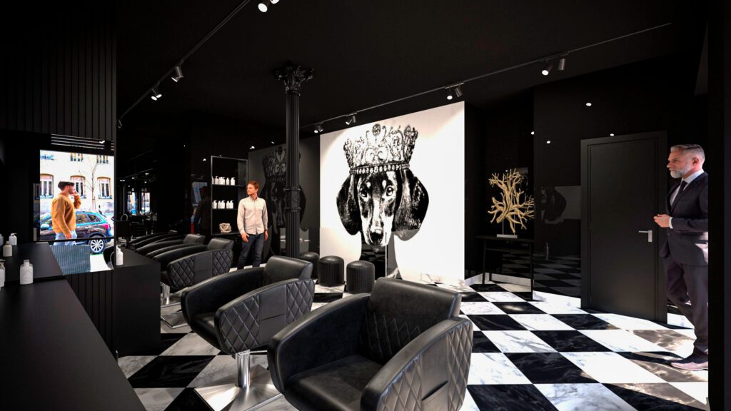 Diseño interior de peluquería elegante en Madrid con mobiliario moderno