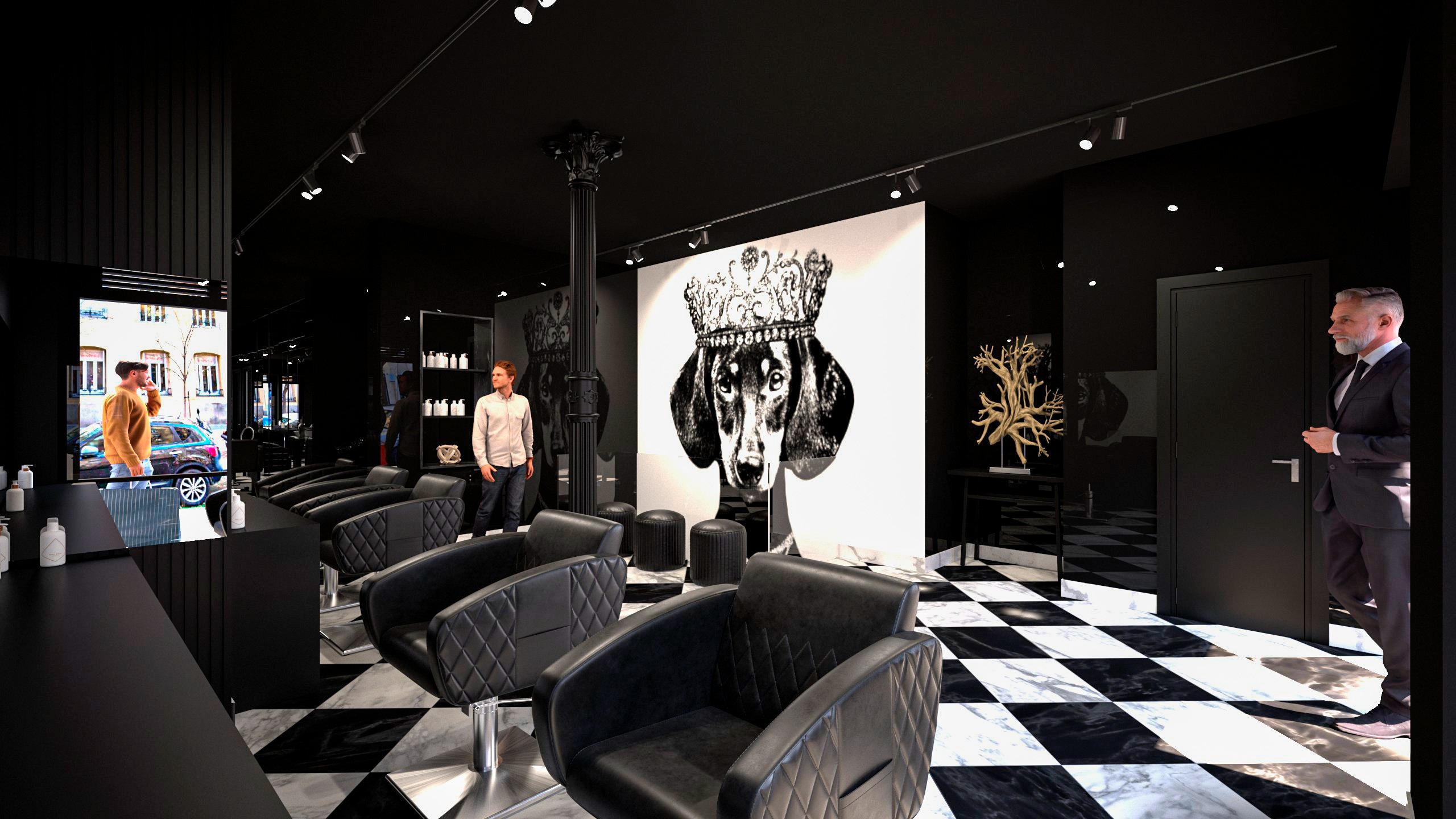 Diseño interior de peluquería elegante en Madrid con mobiliario moderno