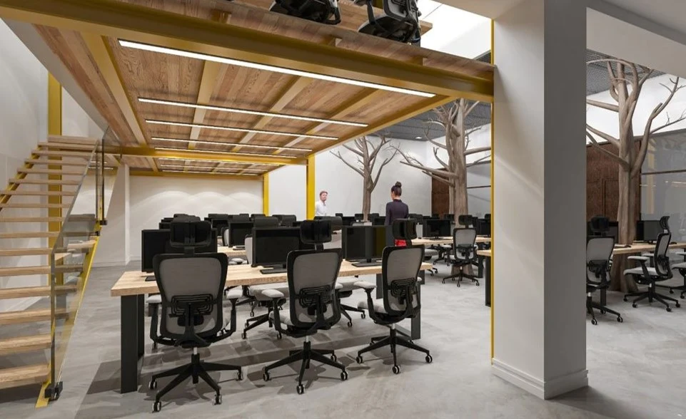 Reforma de oficina con diseño de espacios abiertos, iluminación eficiente y mobiliario ergonómico