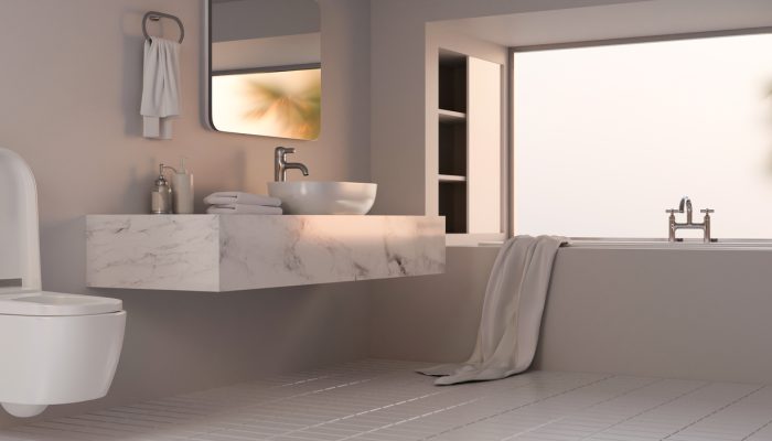 Modern contemporary white granite and marble material in bathroom interior design Modern contemporary white granite and marble material in bathroom interior design with luxury bathtub near large window. 3d rendering, 3d illustration